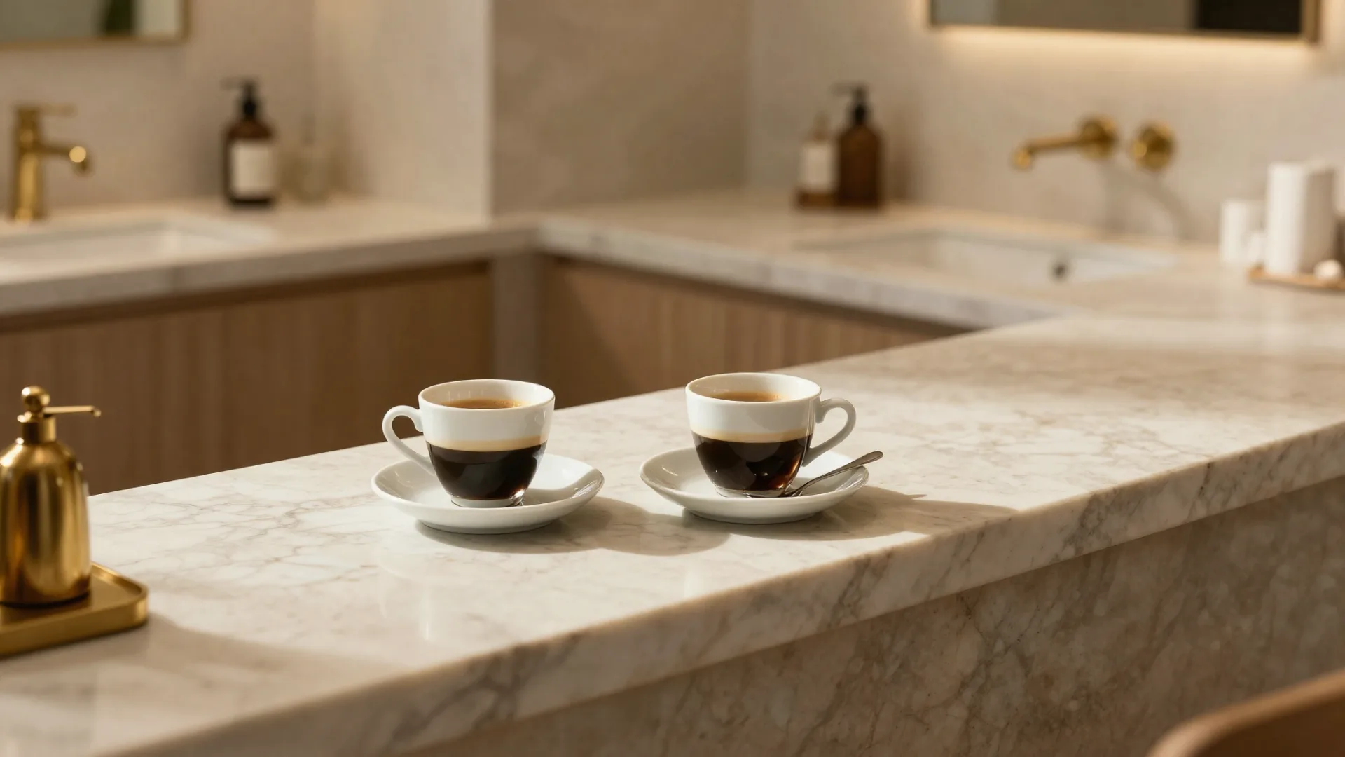 Two espresso cups on a marble counter in a finished bathroom