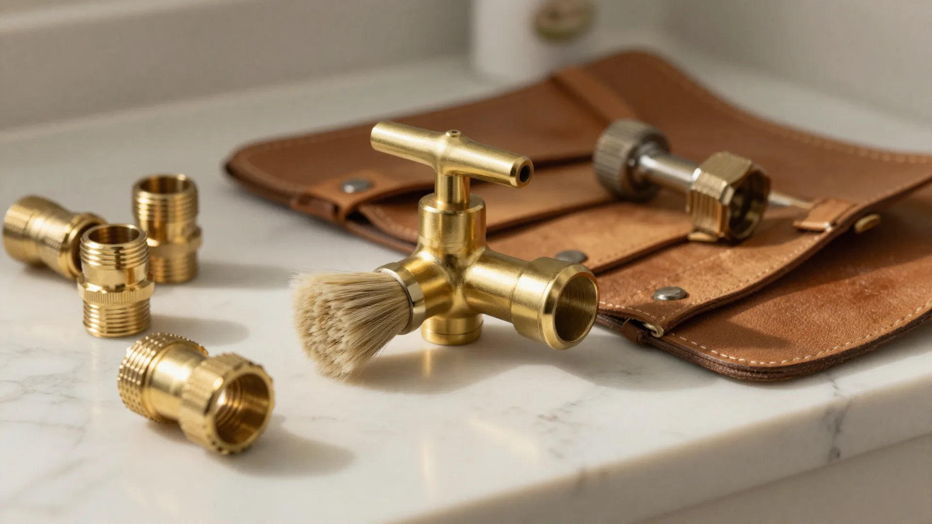 Brass tap fittings laid out beside an open leather tool roll on a marble top