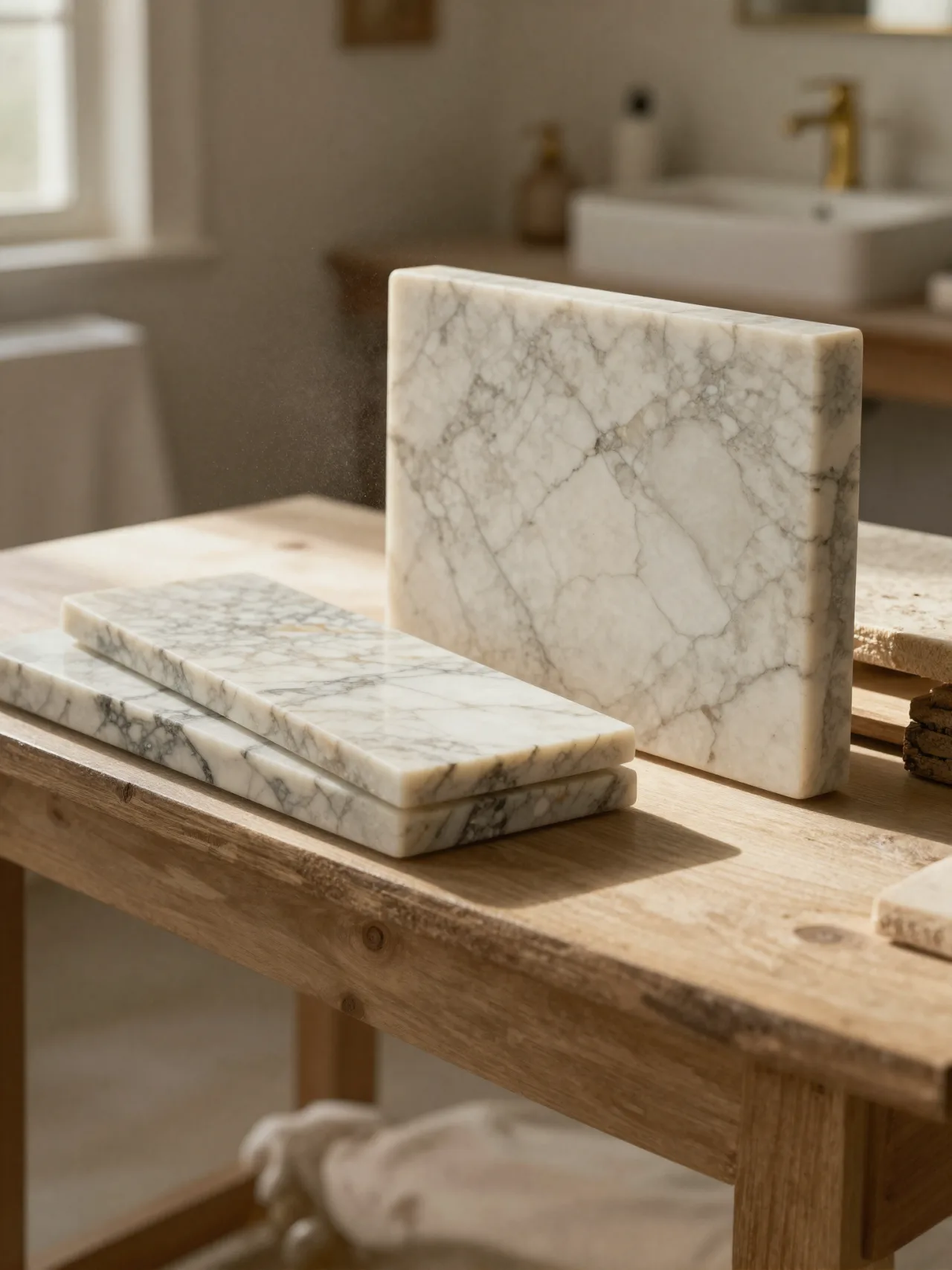 Marble sample slabs propped on an oak workbench in daylight