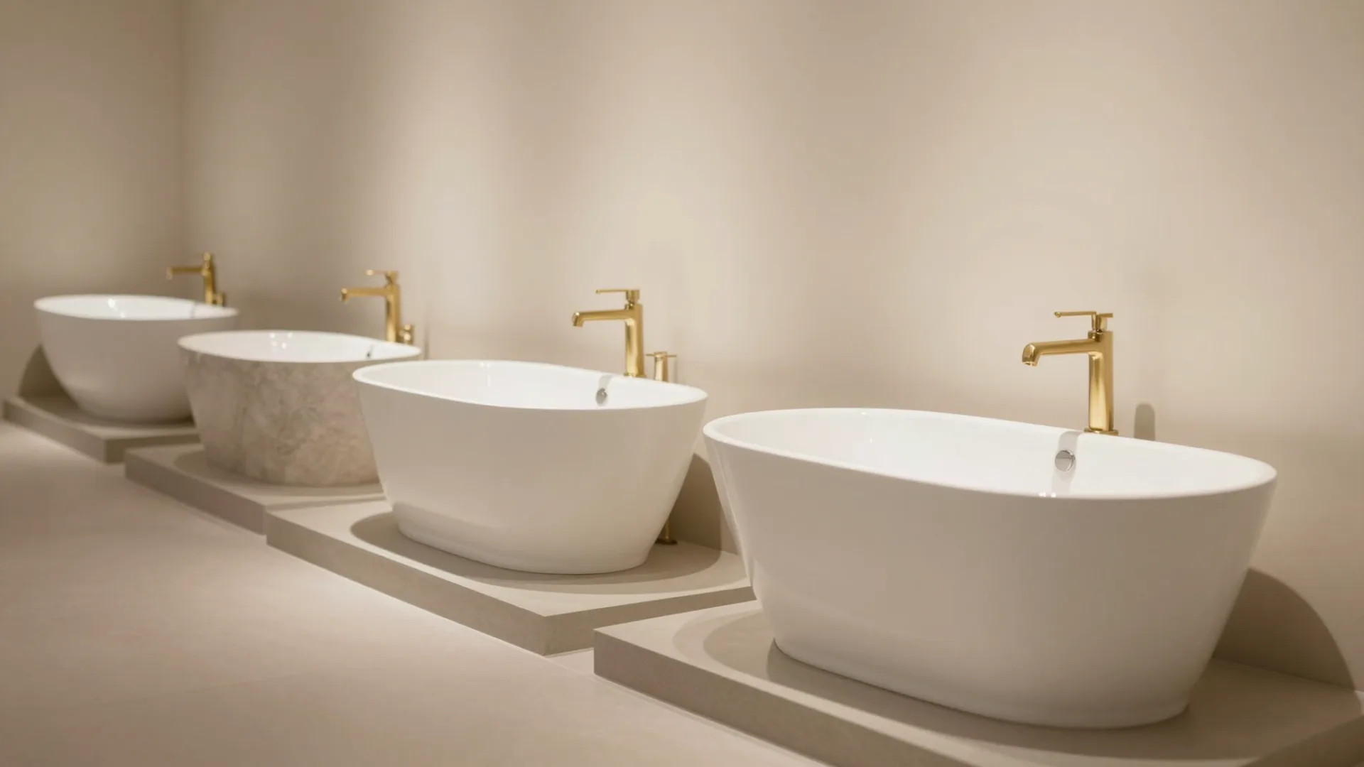 Inside the AGW Bathrooms showroom: freestanding baths under warm light