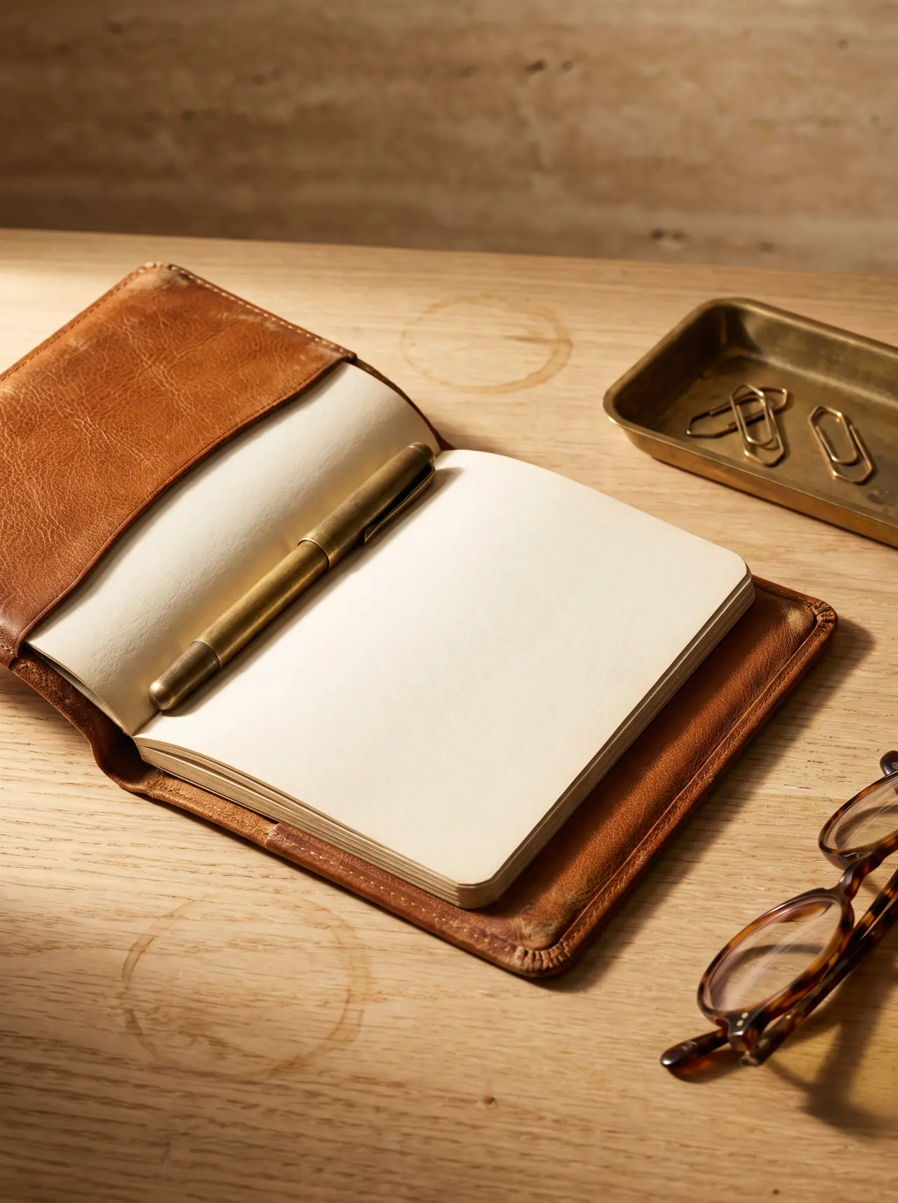 An open leather-bound account book on an oak desk with a brass pen, a brass tray of paperclips and reading glasses