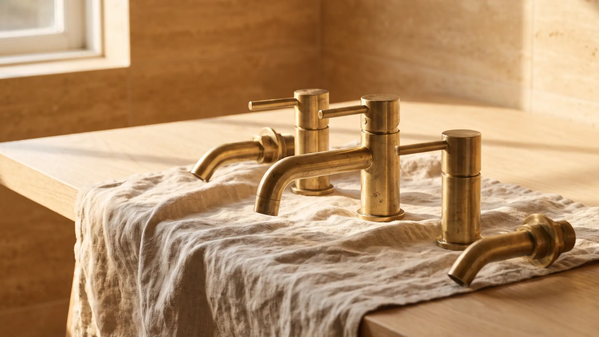Brushed brass taps unwrapped on linen in raking daylight