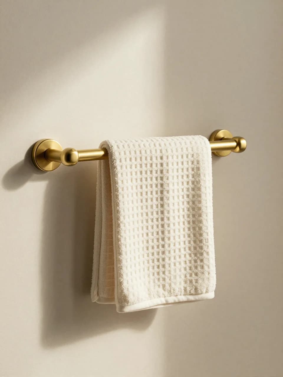 Brushed brass bathroom accessories arranged on stone