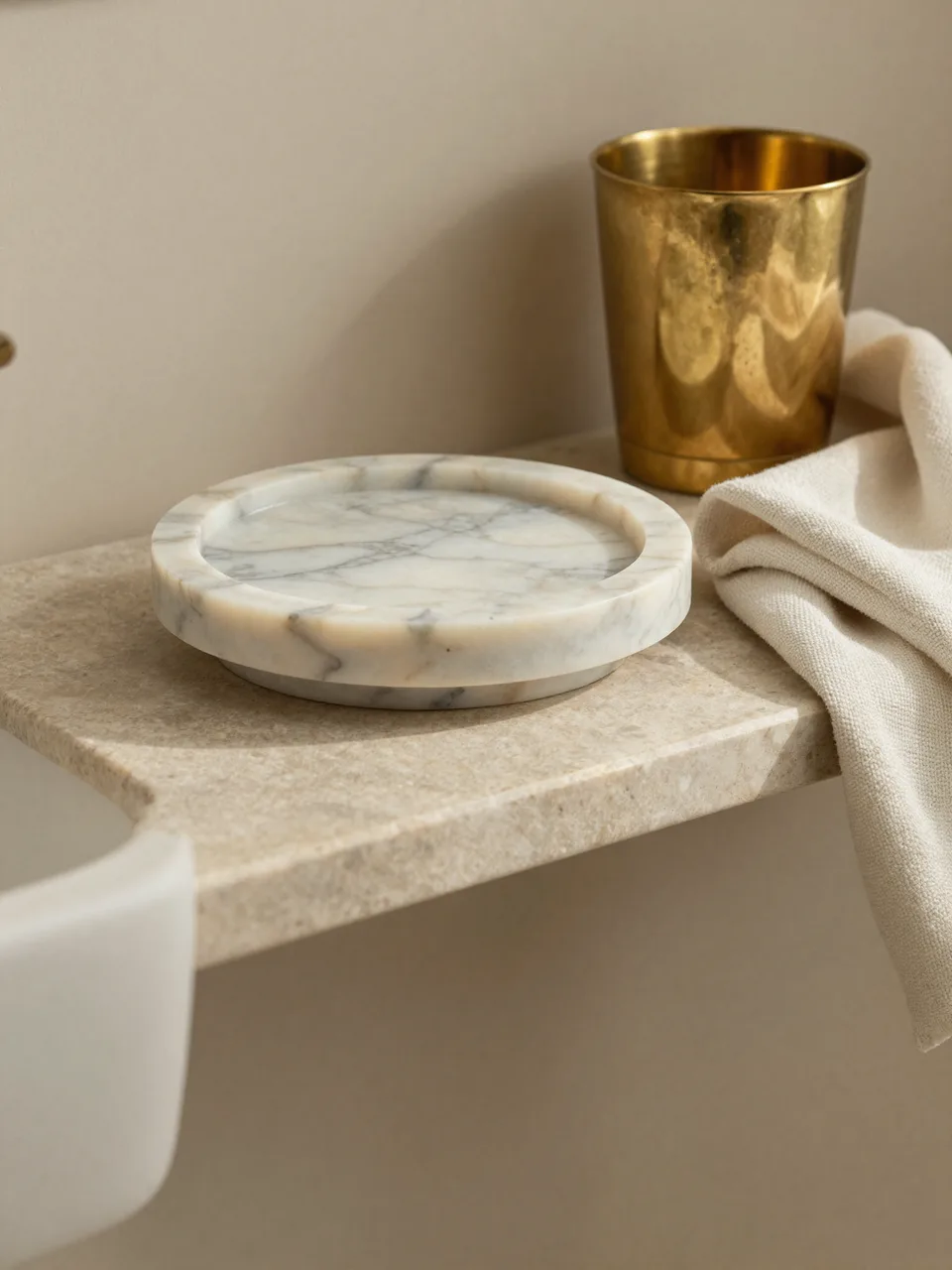 A brushed brass towel rail and folded linen