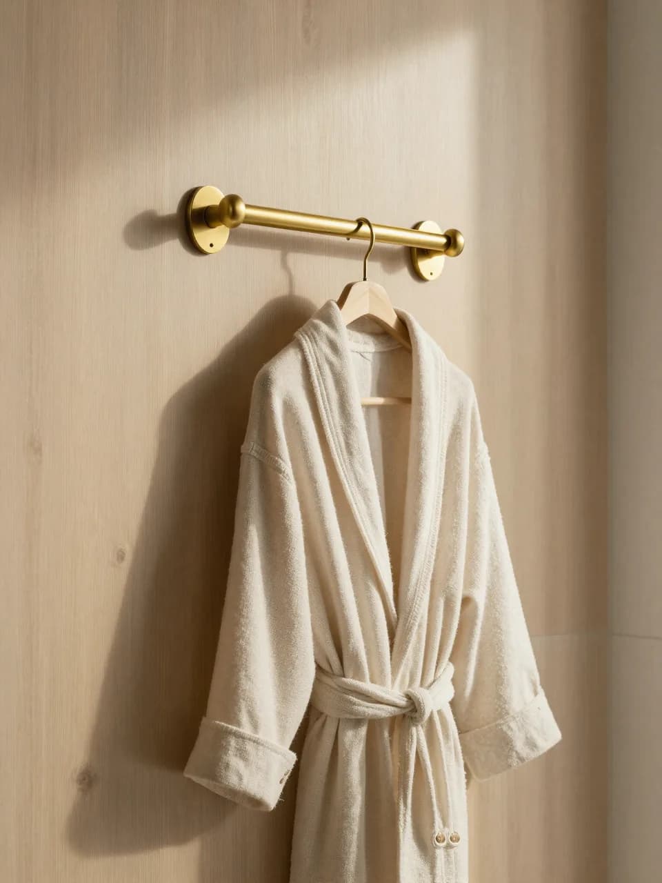 Brushed brass fittings against warm stone