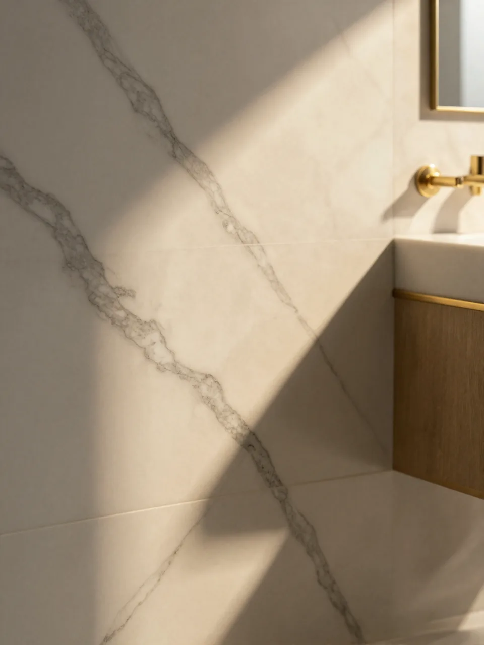 Large-format book-matched marble tiles behind a wall-hung basin