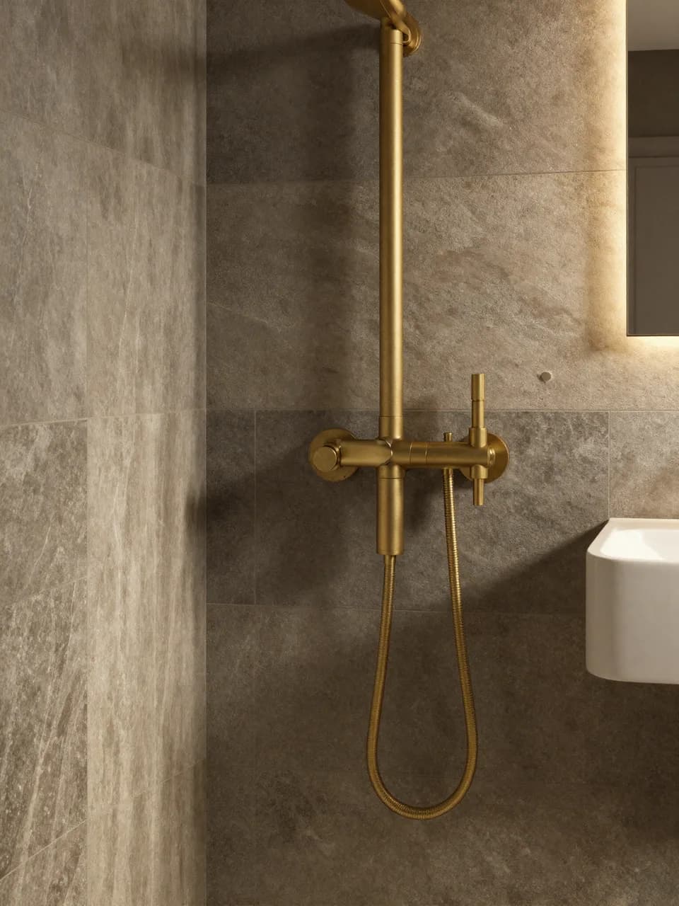 An oak bench and brass towel rail in a walk-in wet room