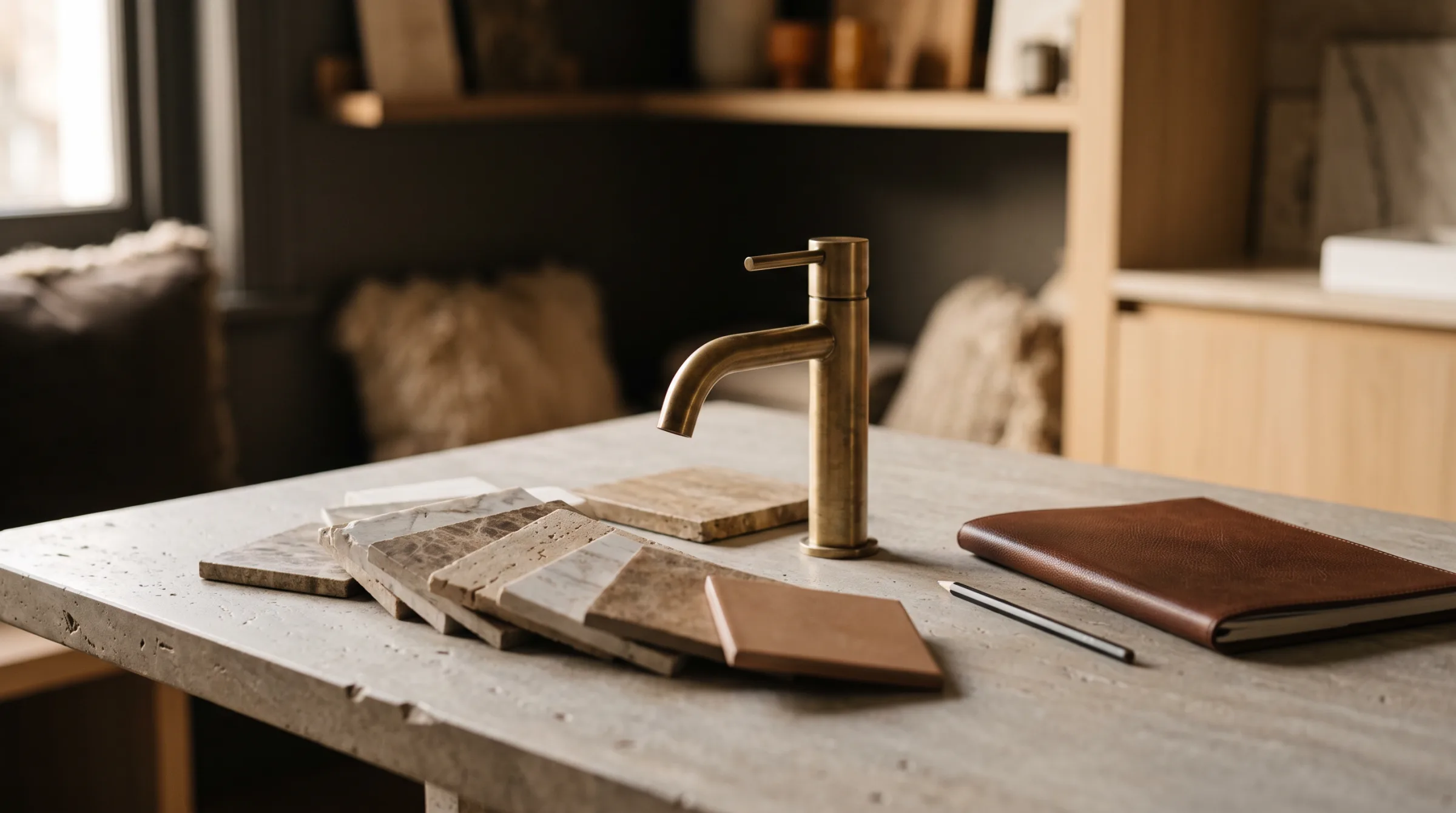 A brass tap, stone samples and a leather notebook laid out for a conversation about the brief