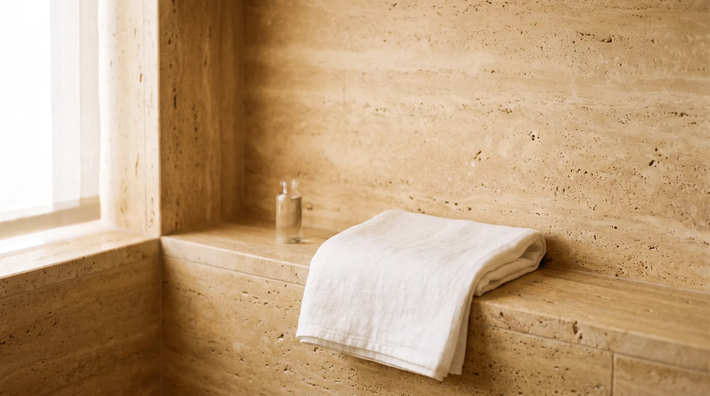 A folded white linen towel and a small glass vessel on a travertine shelf, lit by soft daylight