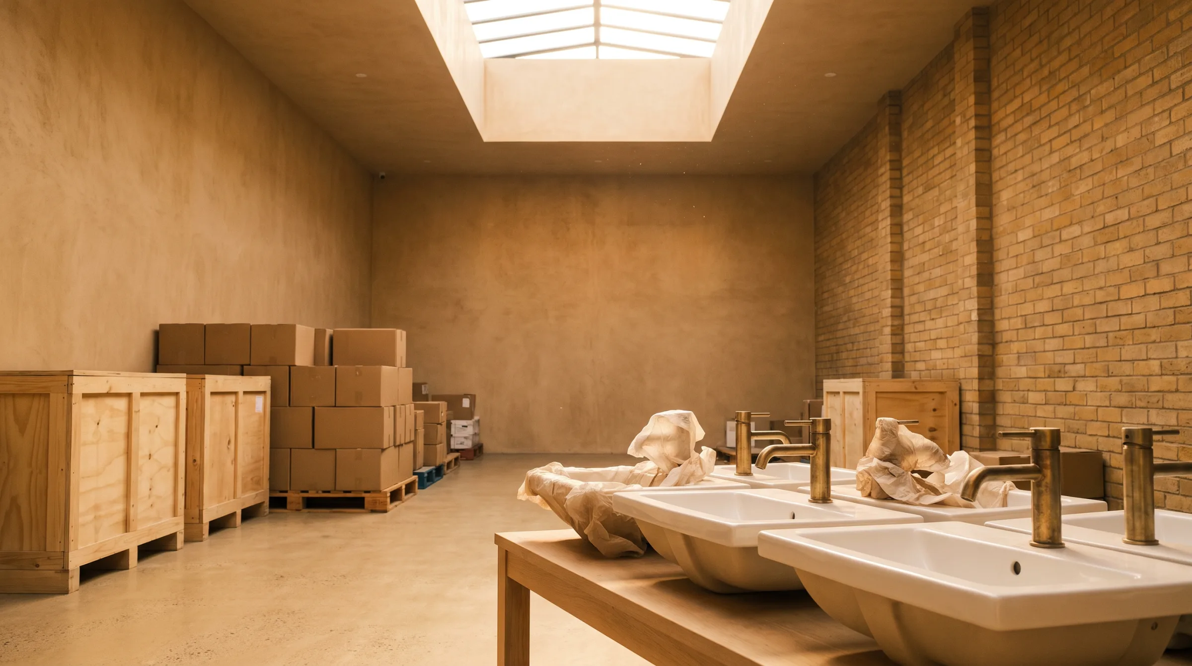 White porcelain basins with aged brass taps on a timber bench, before stacked crates in a sunlit trade store