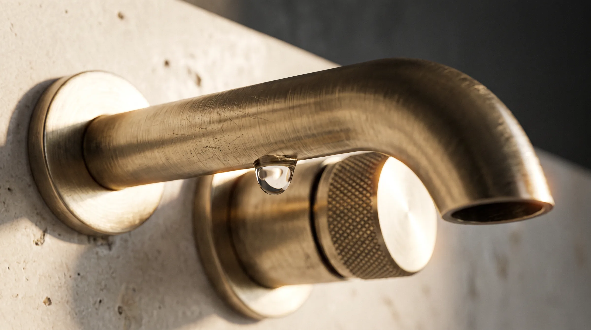 A brushed brass mixer tap against honed stone, light raking across the knurled handle